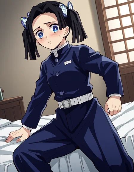 score_9, score_8_up, score_7_up, source_anime,
aoikanzaki, <lora:aoi-kanzaki-anime-ponyxl-lora-nochekaiser:1>,
aoi kanzaki, blue eyes, black hair, hair ornament, twintails, butterfly hair ornament,
long sleeves, belt, pants, blue jacket, white belt, demon slayer uniform, blue pants,
indoors, bed, bed room, on side, blush, drunk,
solo, looking at viewer, cowboy shot, dutch angle,