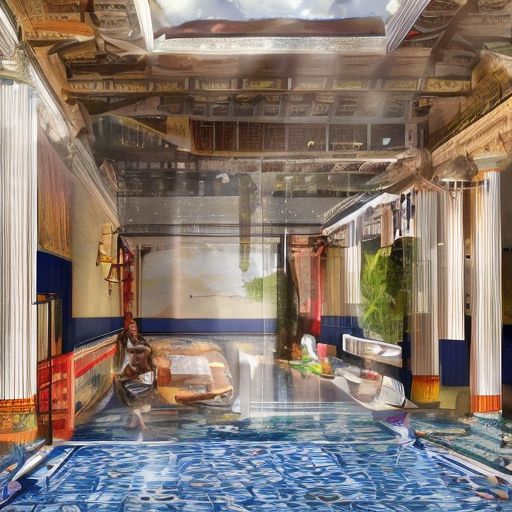 (masterpiece:1.2), (best quality,:1.2), 8k, HDR, ultra detailed, ((photorealistic)), professional light, cinematic lighting, fashion photography, ambient lighting, face lighting, <lora:detail_slider_v4:1>, Fantasy picture, OverallDetail, ancient roman room with columns and a skylight above it and a pool in the middle of the room with a blue floor, RomInt, <lora:RomanInterior-10:1>, epiCPhoto