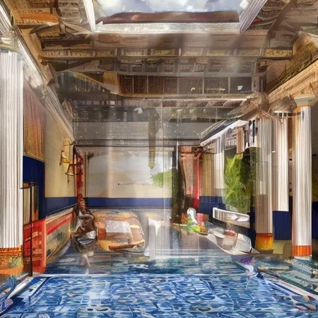 (masterpiece:1.2), (best quality,:1.2), 8k, HDR, ultra detailed, ((photorealistic)), professional light, cinematic lighting, fashion photography, ambient lighting, face lighting, <lora:detail_slider_v4:1>, Fantasy picture, OverallDetail, ancient roman room with columns and a skylight above it and a pool in the middle of the room with a blue floor, RomInt, <lora:RomanInterior-10:1>, epiCPhoto