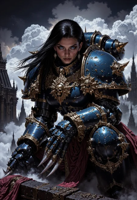 detailed renaissance oil painting, masterpiece, FredFraiStyle, a gorgeous female NightL40K space marine in midnight blue power armor with dark embellishments, long black flowing hair, earrings, dark eyeshadow, red lips, her gauntlets has long electrifying claws, crouching, dynamic pose, on the rooftops, hunting, directional lighting, masterpiece, perfect composition, perfect hands, cowboy shot <lora:FluxNightL40K:0.8> <lora:dark_fantasy_flux:1> <lora:FredFraiStyle-FLUX-Share:1>