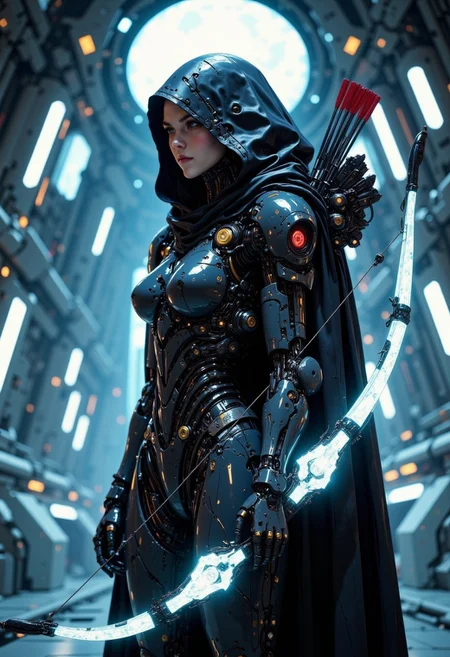 high-quality, masterpiece, in the style of cksc, A futurisitc hooded female robot archer, (holding a bow made of spectral light in her left hand:1.3), beautiful human face features, The cyborg is wearing full armor that perfect details, big mecha wings on its back. Her arrows are stored on the back back, he stands in a futuristic space station, high contrast, light trails, motion blur, eerie lighting, elaborate fine details, elaborately detailed attire with extraordinary elements, hyperdetailed, intricate details, Refined details, best quality, high resolution,