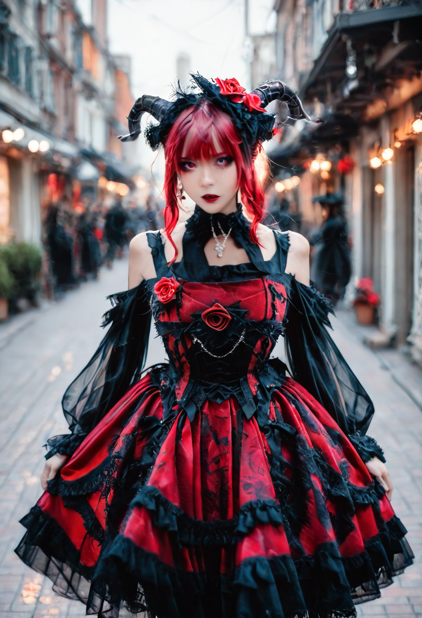 <lora:Illustrious_Realistic_Fashion_Collection_-_Gothic_Lita:1> girl wearing a gothic fashion dress, on the street, black and red dress with roses, subsurface scathering, depth of field, skin pores, detailed skin, masterpiece, best quality, newest, absurdres, highres, feeling, impact, very awa, dim lighting, sidelighting, skindentation, amazing quality, scenery, very aesthetic, newest, volumetric lighting, blending, <lora:add-detail-xl:1> <lora:cfg_scale_boost:1> <lora:sdxl_enhance:1> <lora:spo_sdxl_10ep_4k-data_lora_webui:1>