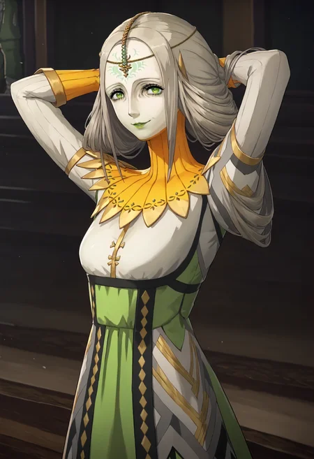 score_9, score_8_up, score_7_up, source_anime, 1girl, white skin, grey hair, forehead tattoo, green eyes, green lips, hair decoration, head chain, wrinckles,
high yellow collar, medieval dress, white and green dress, 
standing, hands behind head, smile, open eyes,
<lora:Joanna_-_Metaphor_ReFantazio_-_Pony:1>