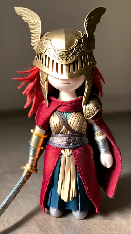 plushify, character stuffed toy, chibi
1girl, wearing malenia-outfit, 
prosthetic arm, covered eyes, very long red hair,
holding sword, long katana,
 <lora:armorify:1>
 <lora:woafu_plushify_sdxl_v02:0.8>