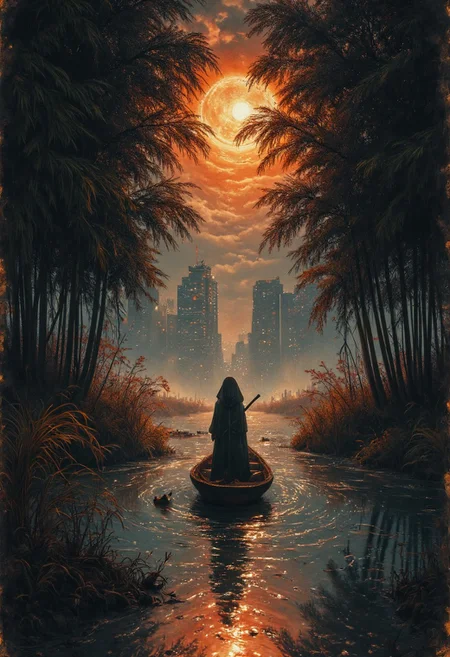 linquivera, Ink illustration, (anime:0.5), brown tones, aged black red paper,Acer japonicum, inkpunk, moonlight,surreal, a ghost standing on a boat in swampy wetlands, (at a distance), Will-o'-the-wisp, The city is in the background,moonlit, lonely, solitude, windy, tall trees, samurai sword fight,willows, willowy, OverallDetail, bamboo grove,extremely detailed, UHD,(long exposure , dystopian but extremely beautiful:1.4),