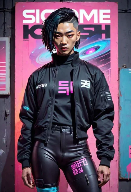 1boy, katana, muscular, masculine, Text:  Snow Crash , Sci-fi painting, masterpiece by Roberto ferri, dark vaporwave color palette, artful painting of a gorgeous queer cyberpunk boy, masculine, Asian and Black features, short dreads, sleek black fitted t-shirt, black techwear jacket, black techwear pants, with a futuristic computer terminal made of smooth black glass hanging from a shoulder strap