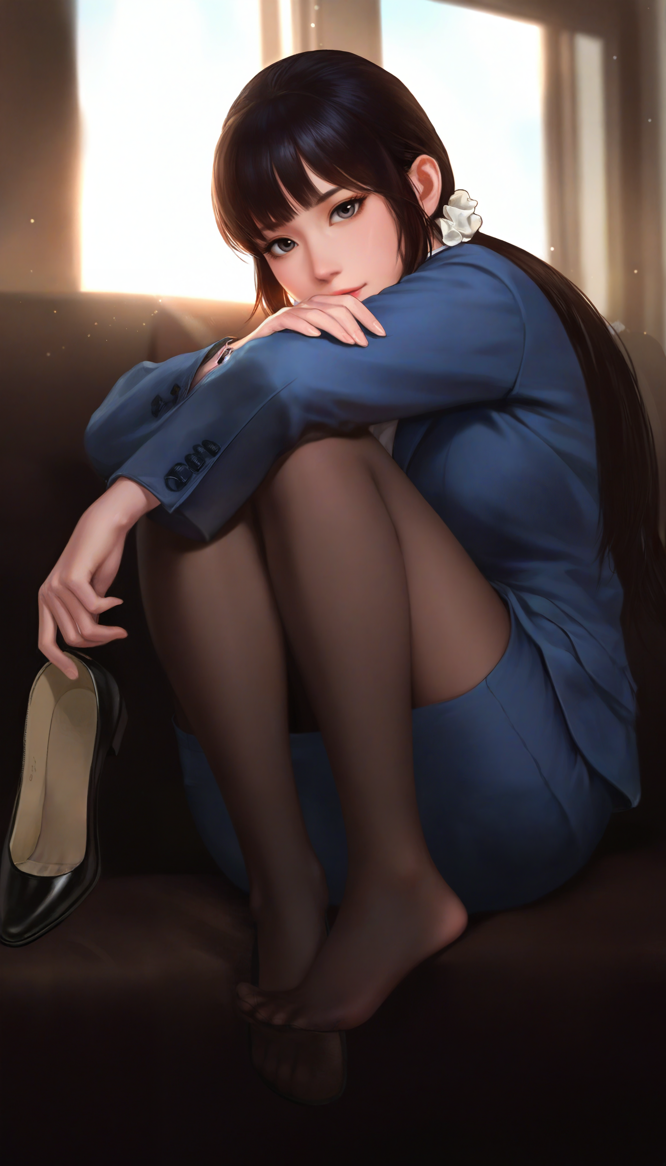 masterpiece,best quality,amazing quality,
<lora:wangyuanjiNAI:1>,wangyuanji,
realistic,
1girl,solo,black hair,blunt bangs,low ponytail,white scrunchie,grey eyes,
blue suit,
blue pencil skirt,
black round toe shoes,
sitting,looking at viewer,(removing shoe:1.2),hugging legs,
window,indoors,modern office setting,
soft lighting,depth of field,light particles,