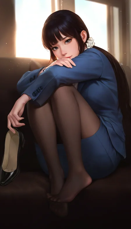 masterpiece,best quality,amazing quality,
<lora:wangyuanjiNAI:1>,wangyuanji,
realistic,
1girl,solo,black hair,blunt bangs,low ponytail,white scrunchie,grey eyes,
blue suit,
blue pencil skirt,
black round toe shoes,
sitting,looking at viewer,(removing shoe:1.2),hugging legs,
window,indoors,modern office setting,
soft lighting,depth of field,light particles,