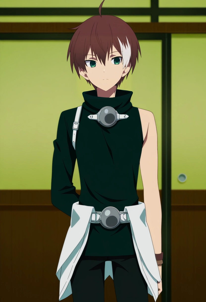 masterpiece, best quality, anime screencap, official style, anime coloring, cowboy shot, 1boy, solo, male focus, <lora:akatsuki_iride_ilxl:0.92>, akatsuki_iride, brown hair, green eyes, short hair, ahoge, multicolored hair, two-tone hair, white hair, , , swashbuckler costume