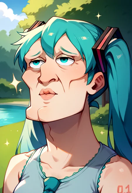 score_9, score_8_up, score_7_up, BREAK <lora:handsomize_x_pdxl_v1:1.0> handsomize, outdoors, sparkle, hatsune miku