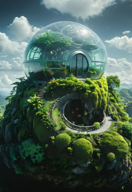 Inspired By tolkien, neon modern transparent hobbit house floating island, amazing quality, masterpiece, best quality, hyper detailed, ultra detailed, UHD, dof, hyper-realism, majestic, awesome, inspiring, a small floating Island: Capture the breathtaking expanse of an immense floating island adorned with transparent translucent Glass foliage, its vines cascading down to the ground below. Rising majestically from the lush glass jungle that envelops an enchanted translucent green round design plastic mansion Adorned with a large Observation Installation. A translucent Fantasy prison designed By franco fontana, transcending into the black ethereal clouds. Infront of a colorful mystical translucent black eerie Galaxy nebula, cinematic composition, soft shadows, national geographic style, cozy light, cinematic lighting, volumetric lighting, Film grain, cinematic film still, shallow depth of field, highly detailed