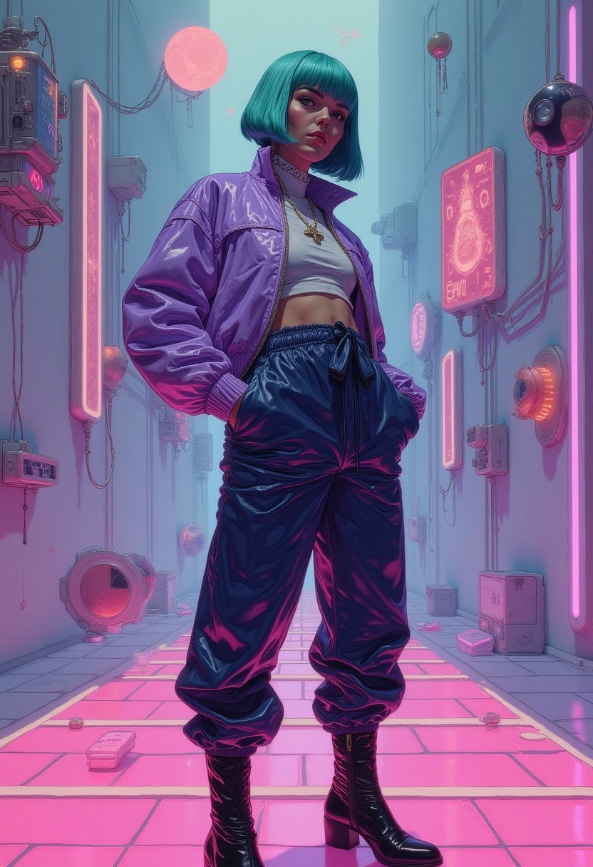 A highly detailed, realistic fashion illustration with a vintage, retro aesthetic (By Phandigrams) of a striking woman with vibrant teal hair styled in a short French bob, sleek and shiny under the neon lights. She wears a chic, lavender latex jacket, paired with high-waisted deep navy blue sports trousers and black high ankle boots. The outfit accentuates her tanned skin, exuding a futuristic, rebellious vibe. The metallic textures of her clothing shimmer, reflecting the iridescent glow from the floor beneath her. The floor radiates hues of soft pink, teal, and violet, creating a surreal, vibrant atmosphere. Surrounding her are eight abstract, surreal objects that float mysteriously in the background, bending reality with their cyberpunk aesthetics, adding a dreamlike quality to the futuristic scene. The fusion of retro and futuristic styles, complemented by sleek textures and neon lighting, creates an eye-catching, visually captivating scene.