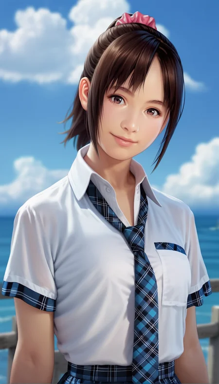 score_9,score_8_up,score_7_up,<lora:MiiyamotoHikari:0.9>,
miiyamotohikari,
highres,photorealism,
1girl,solo,black hair,ponytail,bangs,pink scrunchie,
brown eyes,looking at viewer,smile,
white collar shirt,blue plaid necktie,blue plaid skirt,
upper body,waving, head tilt,
blurry background,outdoors,blue sky,ocean,cloud,sea fence,distant mountains,clear blue sky,soft clouds drifting,summer,