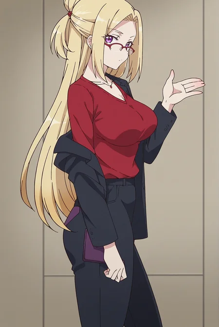 score_9, score_8_up, score_7_up, score_6_up, source_anime, 1girl, (slender, large breasts, anime screencap:1.4), solo, kurara tendo casual, <lora:KuraraTendoPDXL-V1:1>
BREAK (blonde hair, long hair, half updo),
BREAK (office lady, black suit, black pants, semi-rimless eyewear, red shirt, black jacket:1.2)
BREAK (looking at viewer, cowboy shot, dynamic pose, standing, from side:1.2), outdoors, (expressionless, purple eyes)