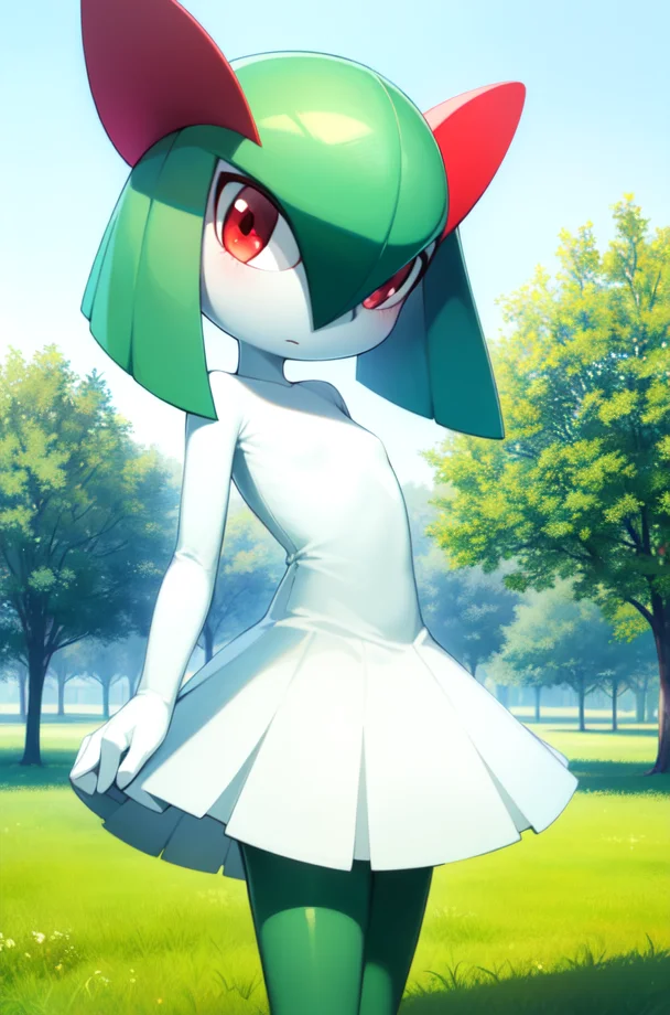 masterpiece, best_quality, 1girl, solo, kirlia, green hair, red eyes, white dress, green skin, outdoors<lora:kirlia_v1:0.8>