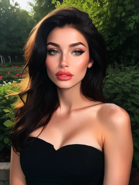 Score_9, score_8_up, score_7_up, bignoselady, large nose, aquiline, 1girl, solo, long hair, black hair, lips, realistic, bare shoulders, garden background, parted lips, <lora:Big_Nose_Ladies:1>