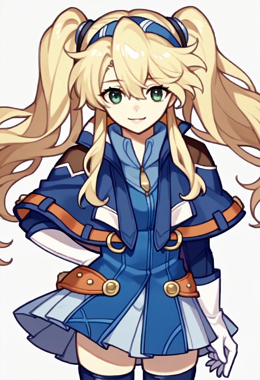 score_9, score_8_up, score_7_up, source_anime BREAK 1girl, solo, <lora:zs_FEEchoesPortraitsXL:1> echoesportraits, cowboy shot, solo, white background, <lora:clarissaarwin-pdxl-nvwls-v1-000005:1> clarissa arwin, blonde hair, hairband, twintails, blue jacket, white gloves, pleated skirt, blue thighhighs, smile