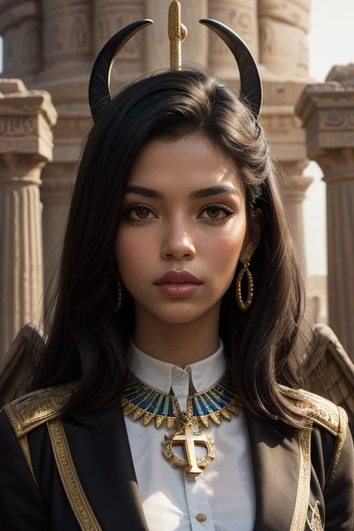 , solo, portrait of goodisis, goodnes ornate, egypt, energy, aura, dust, debris, Face looking, tanned skin, women, Ankh Cross, wings, ankh, Black Eyeliner