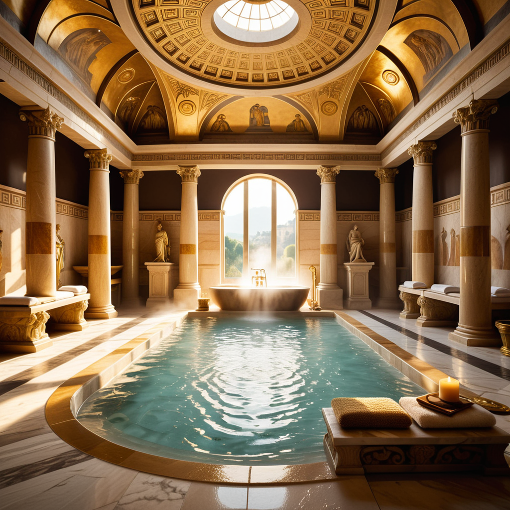 A highly detailed and realistic photograph of an ancient Roman sauna (thermae) from the time of Caesar, featuring grand marble architecture with intricate carvings and columns. The central bath is filled with steaming water, surrounded by polished marble tiles and mosaics depicting mythological scenes. The room is illuminated by natural light streaming through small openings in the high, domed ceiling, creating soft shadows and reflections on the water's surface. The atmosphere is hazy from the steam, and a few individuals dressed in Roman togas and tunics can be seen reclining on benches or chatting near the bath. The overall color palette includes shades of white, gold, and earthy tones, emphasizing the luxurious and serene environment.<lora:SDXLFaeTastic2400:0.4> <lora:extremely_detailed:0.4> extremely detailed, Masterpiece,best quality,hi res,8k,hi res,8k,award winning,(sharp focus, intricate, highly detailed),