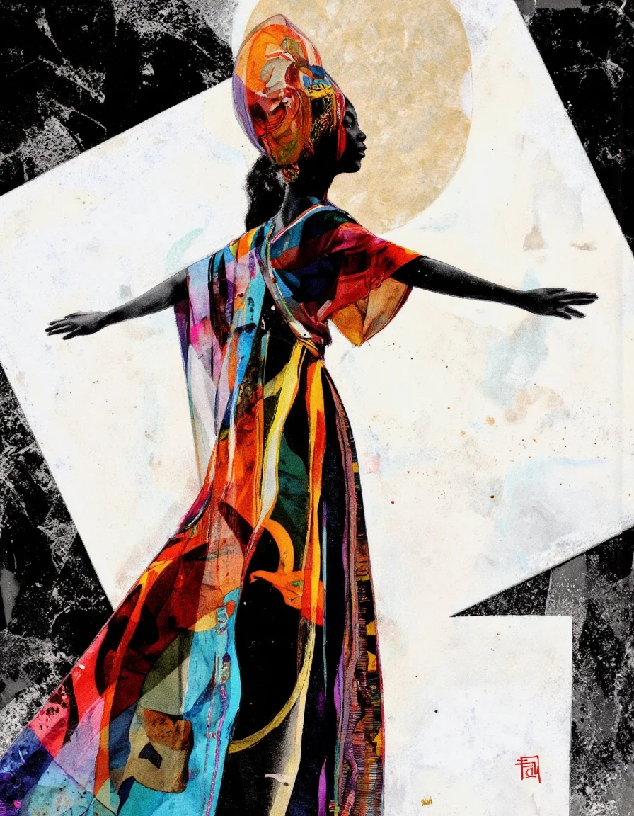 Art by Eli Minaya. A digital illustration shoot from a profile camera angle about a stylized silhouette of a woman wearing a colorful, abstract outfit, standing against a geometric background. the image features a woman with a long, flowing dress and a large, ornate headdress, standing in the middle of the frame. she is facing away from the viewer, with her arms stretched out to the sides. the woman appears to be in her mid-twenties, with a serene expression on her face. her body is slim, and she is wearing a bright, multicolored outfit that covers most of her body. the background is a mix of abstract shapes and colors, including black, white, and gray, creating a textured, abstract feel. the overall style is reminiscent of modern art, with bold lines and vibrant colors that create a sense of depth and dimensionality.