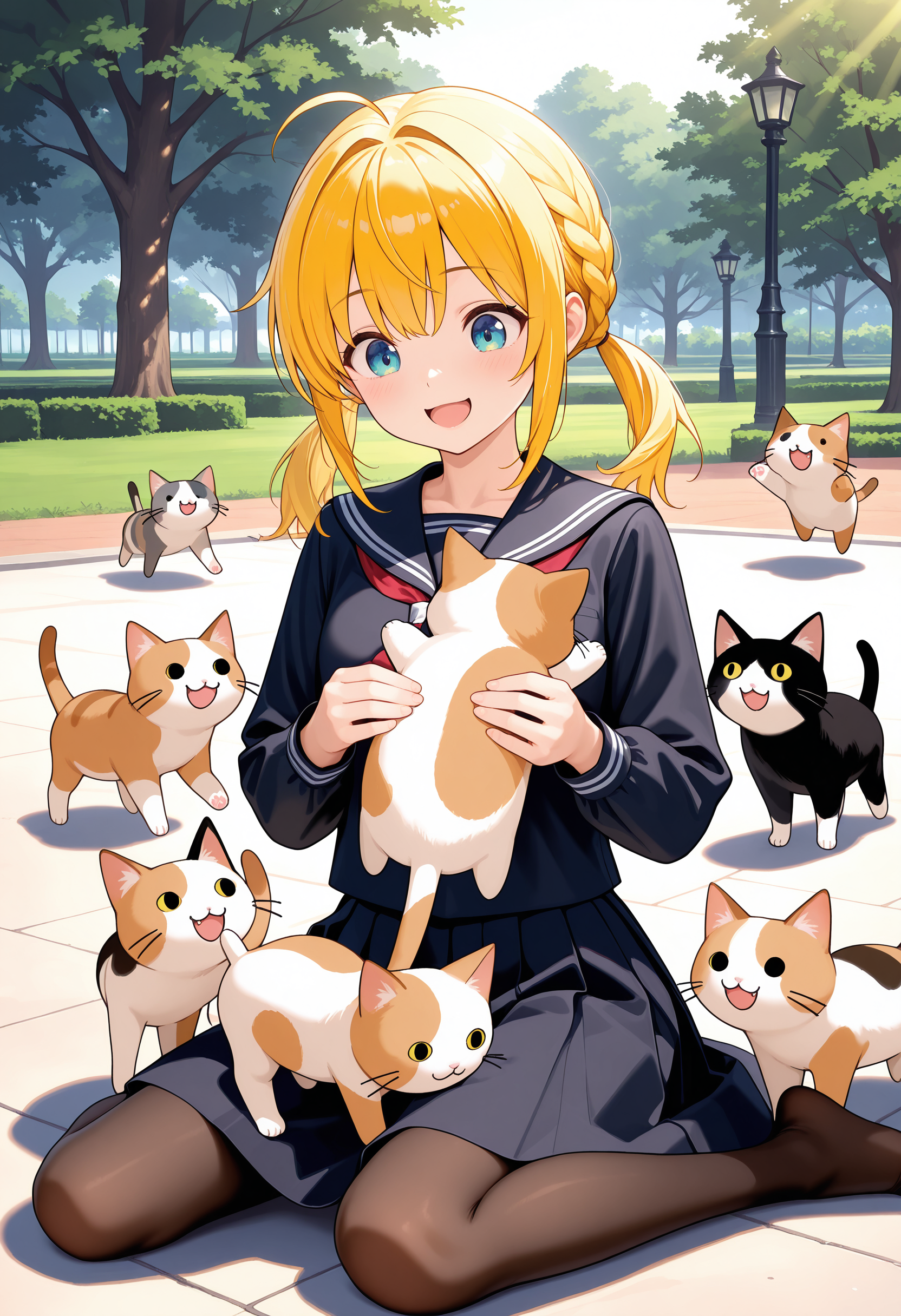 girl_with_cats, cat,  animal,  holding animal,<lora:girl_with_cats:0.6>,multiple cats, cats running, cats jump,girl surrounded by many cats, 
solo, long hair, blond hair, 1girl, ahoge, smile, long sleeves, pantyhose, black serafuku, skirt, twintails, white shirt,
outdoors,  sailor collar, sitting on lawn square,wariza, braid, holding
open mouth, smile,park,
 masterpiece,best quality,amazing quality,ultra detailed, very aesthetic,absurdres,skinny,general,highres, ultra-detailed, amazing quality, newest, scenery,beautiful detailed hair, beautiful detailed eyes, beautiful detailed face, dynamic lighting, super detailed skin,sharp focus,
