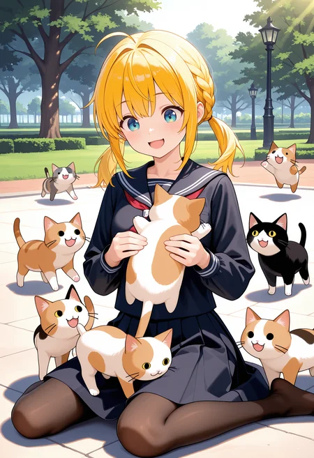girl_with_cats, cat,  animal,  holding animal,<lora:girl_with_cats:0.6>,multiple cats, cats running, cats jump,girl surrounded by many cats, 
solo, long hair, blond hair, 1girl, ahoge, smile, long sleeves, pantyhose, black serafuku, skirt, twintails, white shirt,
outdoors,  sailor collar, sitting on lawn square,wariza, braid, holding
open mouth, smile,park,
 masterpiece,best quality,amazing quality,ultra detailed, very aesthetic,absurdres,skinny,general,highres, ultra-detailed, amazing quality, newest, scenery,beautiful detailed hair, beautiful detailed eyes, beautiful detailed face, dynamic lighting, super detailed skin,sharp focus,