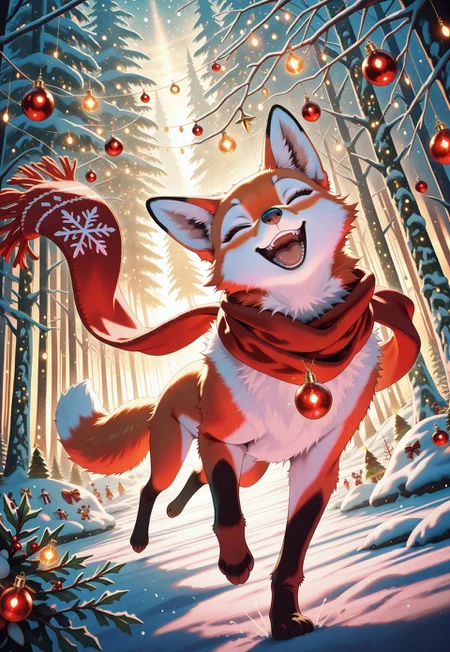 masterpiece, best quality, amazing quality, very aesthetic, festive forest, animal christmas, solo, feral fox, red scarf, glowing ornaments, closed eyes, smile, open mouth, fantasy atmosphere