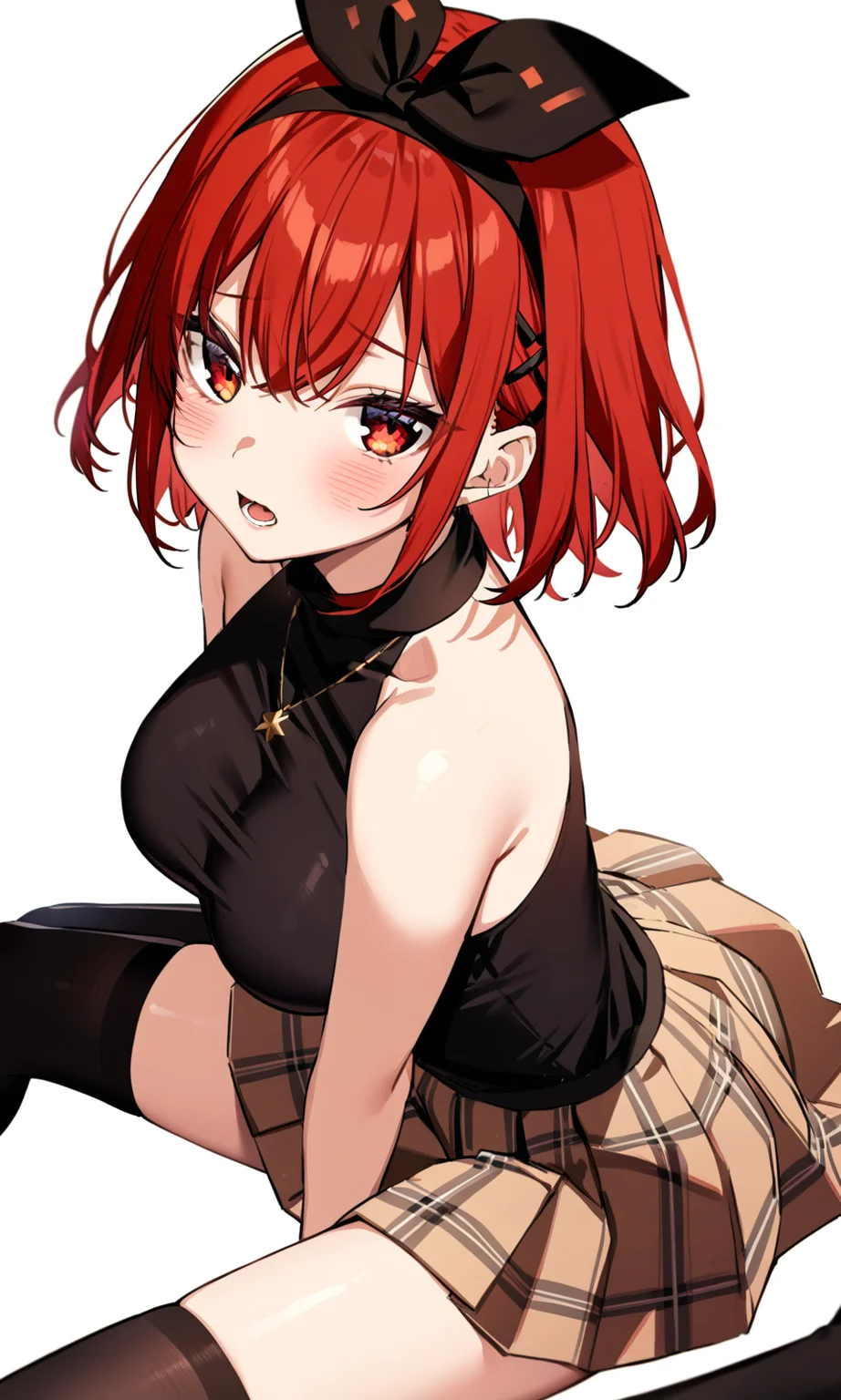 1girl, sensitive, solo, breasts, looking at viewer, blush, open mouth, short hair, simple background, shirt, skirt, white background, red eyes, thighhighs, bare shoulders, sitting, red hair, hairband, sleeveless, virtual youtuber, black thighhighs, black shirt