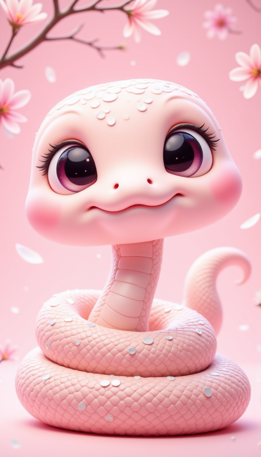 pinkchibisnakeyear,
A pastel peach chibi snake with tiny white sakura petals on its body, coiled gracefully on a soft pink cushion. The background features delicate cherry blossoms floating in the air.