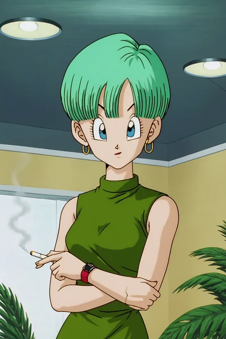 source_anime, score_9, score_8_up, score_7_up, anime screencap,
buu saga, bulma, 1girl, solo, looking at viewer, bowl cut, very short hair, blue eyes, holding, jewelry, upper body, earrings, green hair, sleeveless, indoors, bracelet, smoke, watch, cigarette, hoop earrings, green dress, smoking, wristwatch, lighting cigarette,
<lora:bulma_Z_pony_v1:0.8>