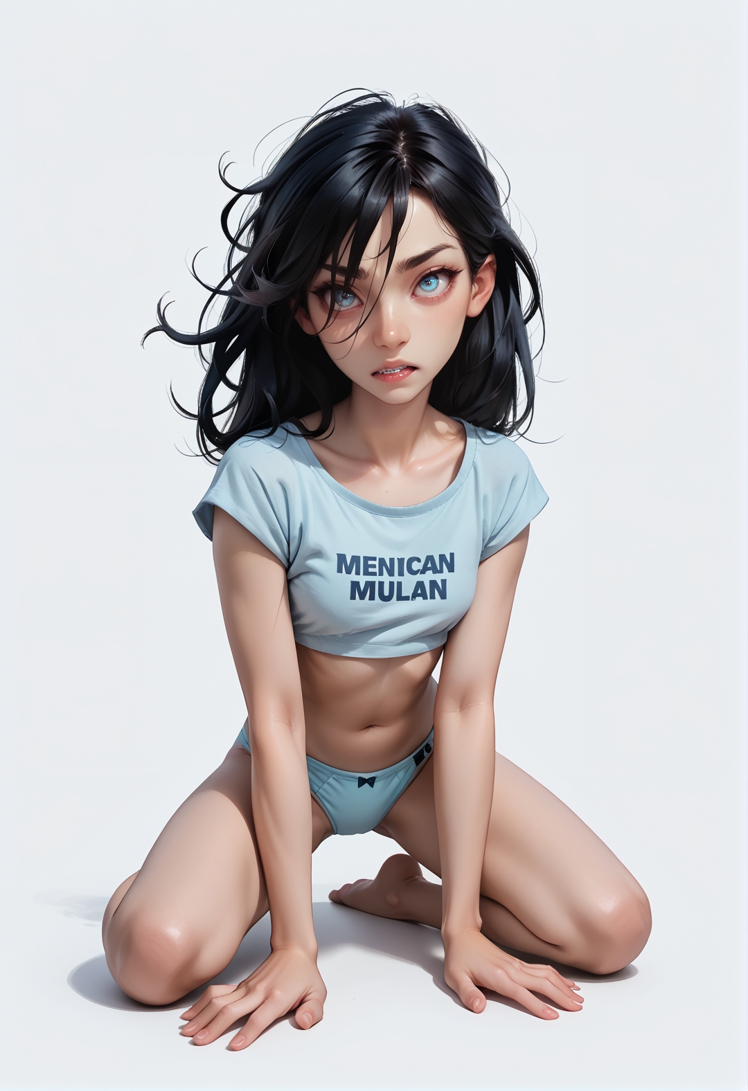 20005l34z3 <lora:princess_rc_pony_v2:.7> Princess Mulan petite 21 year-old,basic underwear, crop top, all fours, hair over one eye, messy hair, simple background,(breasts:1.2)<lora:IndesleazeAAmerger:0.85>, ((score_9), score_8_up, score_7_up),score_6_up,score_4_up,score_5_up