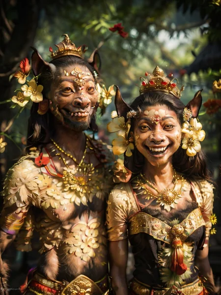 an evil couple,<lora:wereanimal:0.7>,<lora:ARWBarongBali :0.7>,barongbali werecreature,happy512,<lora:ARWJavaWeddingWoman:0.6>,portrait of java wedding woman in a colorful long kebaya traditional,beautiful javanese flower garden,<lora:FantasyRuins:0.4>,FanRu,<lora:NatureStyle_530620:0.3>,naturestyle,<lora:FantasyLandscape:0.3>,FanLan,photo \(object\),bokeh,<lora:ARWBaliGapura:0.5>,baligapura,<lora:flowers_landscape:0.3>,<lora:Night scene_20230715120543:0.3>,