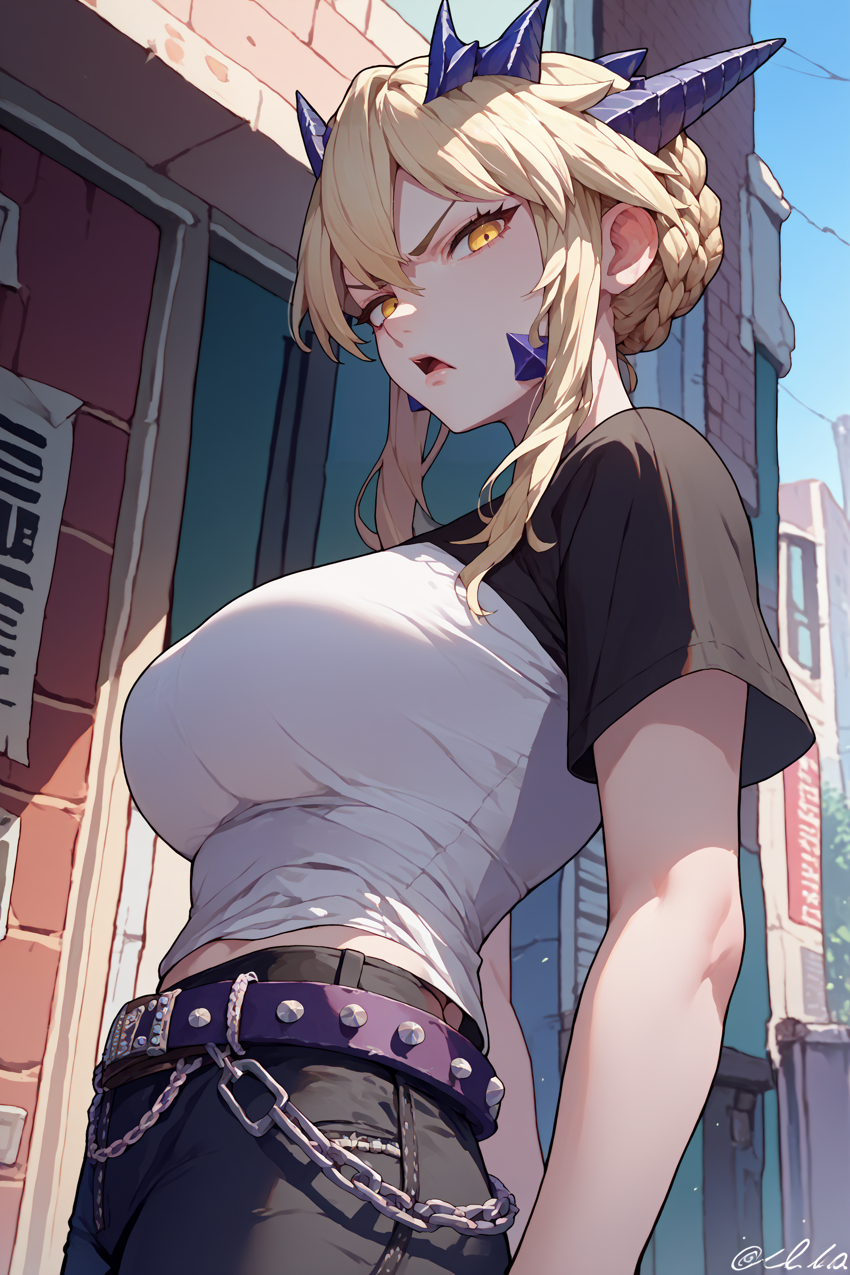 score_9, score_8_up, score_7_up, score_6_up, source_anime, 1girl <lora:lanceralter-pdxl-nvwls-v1-000006:1> laltr, pale skin, light blonde hair, braid, yellow eyes, horns, large breasts, black t-shirt, studded belt, black pants, annoyed, chestnut mouth, from side, looking at you, city, alleyway