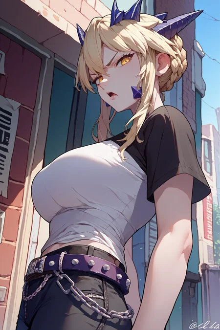 score_9, score_8_up, score_7_up, score_6_up, source_anime, 1girl <lora:lanceralter-pdxl-nvwls-v1-000006:1> laltr, pale skin, light blonde hair, braid, yellow eyes, horns, large breasts, black t-shirt, studded belt, black pants, annoyed, chestnut mouth, from side, looking at you, city, alleyway