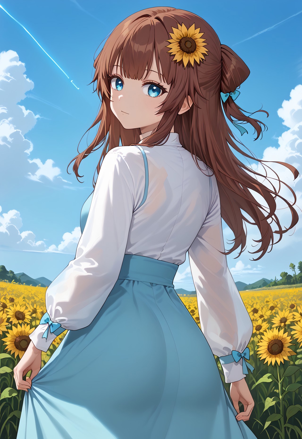 1girl, solo, solo focus, highres, absurdres, RemiSprings, hair flower, sunflower hair ornament, brown hair, long hair, bangs, blue eyes, blue dress, white shirt, hair bow, blue bow, bangs, long dress, long sleeves,

looking at viewer, from behind, looking back,
 
day, blue sky, cloud, sunflower field, neon lights, shade, 