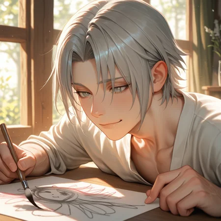 masterpiece, best quality, amazing quality, absurdres, newest, detailed background, definition so sharp, Ultra-HD, 8K cinematic, very awa, impressionate, amazing quality, highres,
solo, male focus, manly,
yashiroisana, 1boy, short hair, parted bangs, shiro_pretime, shiro_grey hair, shiro_grey eyes, drawing, focused expression, but with a slight smile, calm, art studio, natural light, paintbrushes, colorful, playful, aesthetic, creative