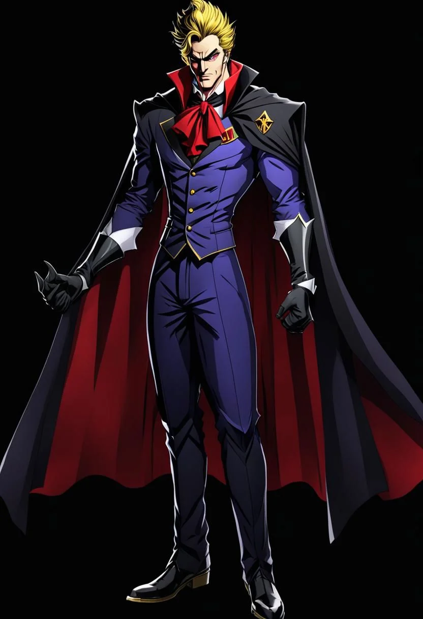 ncrender of dio brando as a dapper vampire wearing a cape, black background