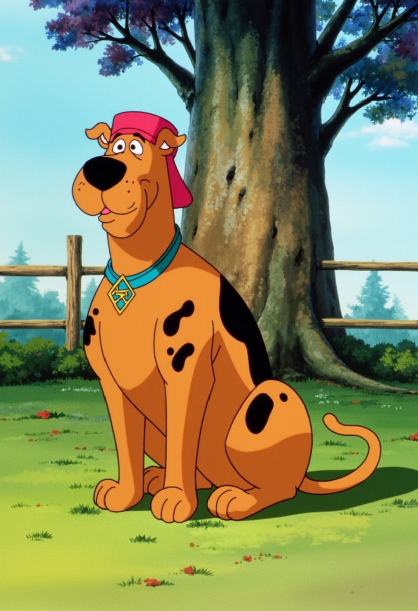 scooby-doo_(character), dog, brown fur, SD99style, hat, tree, outdoors, no humans, sky