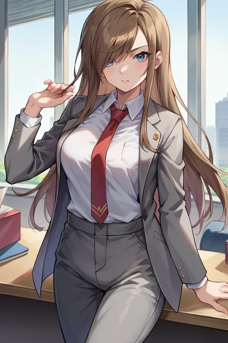 score_9, score_8_up, score_7_up, score_6_up, source_anime BREAK 1girl, solo <lora:teargrants-pdxl-nvwls-v1-000005:1> tgrants, brown hair, hair over one eye, grey jacket, formal, white shirt, collared shirt, red necktie, grey pants, office, looking at you, medium breasts