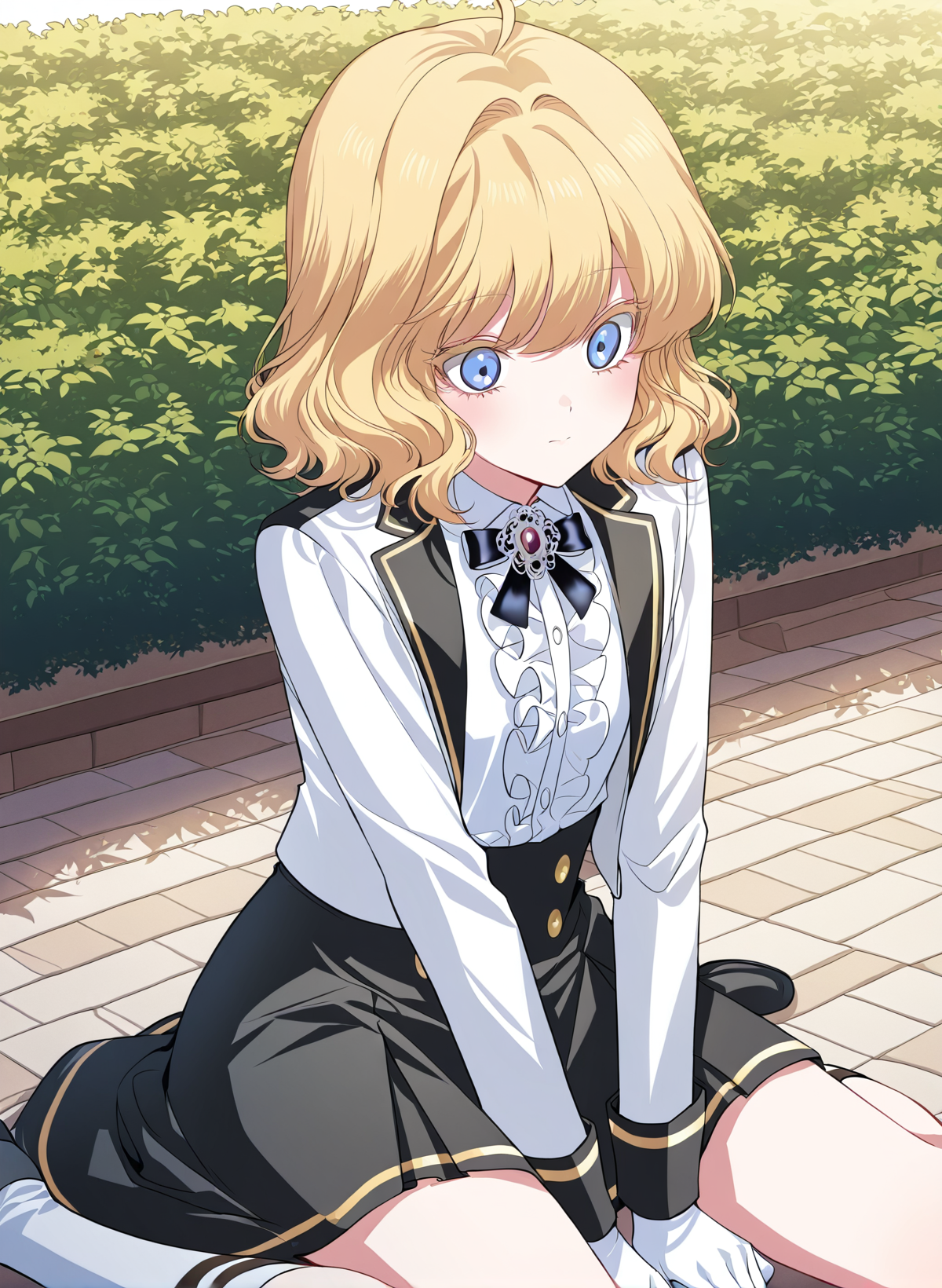 <lora:Heresy_Inquisitor_Female__SSS_Class_Suicide_Hunter__Illustrious:1>
1 girl, solo, blue eyes, short hair, wavy hair, blonde hair, fluffy hair, loose curls, ahoge, parted bangs, soft volume, slightly messy, cute face, anime style, 
white dress shirt, ruffled shirt, white jacket with black trim, black skirt with gold trim, gold buttons, academy uniform, white gloves, black ribbon bow, ornate brooch, 
score_9, score_8_up, score_7_up, masterpiece, best quality, absurdres, perfect anatomy, 1girl, solo, wariza, sitting, hands on own knees, garden background