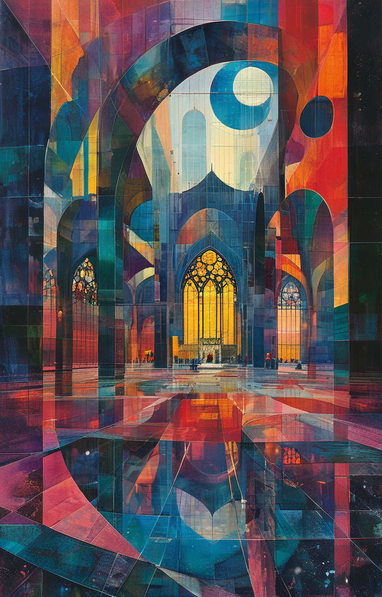 masterpiece,best quality,<lora:tbh311-sdxl:0.9>,illustration,designed by Rem Koolhaas Gothic revival cathedral with intricate spires and stained glass windows, bathed in moonlight
