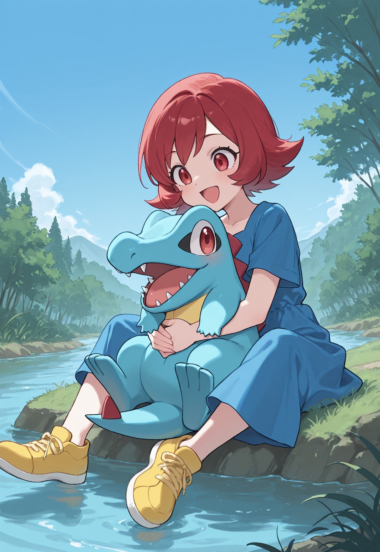 masterpiece, best quality, amazing quality, very aesthetic, absurdres, 1girl with 1other, other with female, BREAK
(PKMN_Totodile, gijinka, human, 1girl, red hair, short hair, red eyes, blue dress, yellow shoes,holding pokemon). BREAK
(1other, PKMN_Totodile, red eyes, blue skin, red spikes,)
river, gras, blue sky, sitting, on ground, happy, dynamic pose, perspective, outdoors, plants,