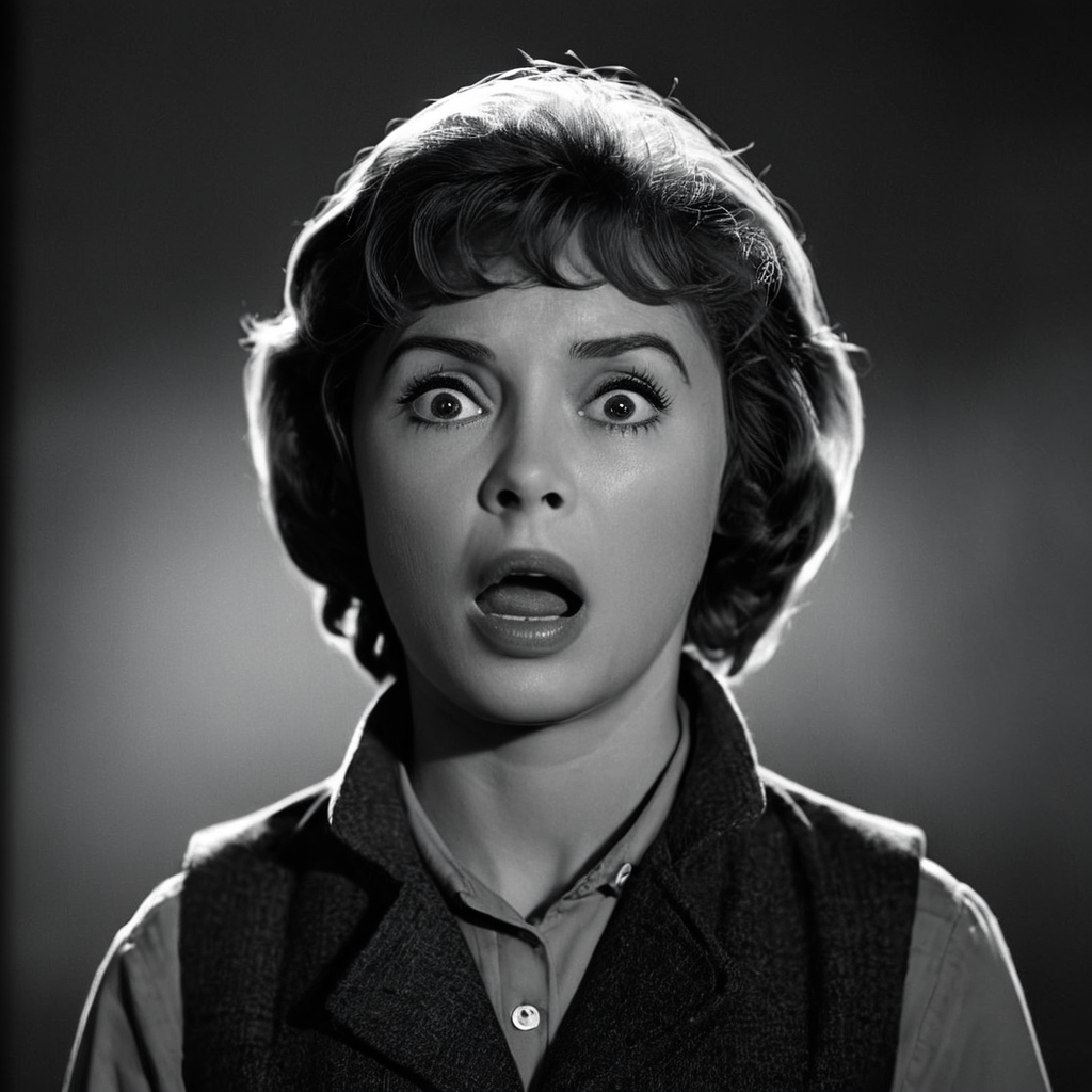 UHD, 4k, ultra detailed, cinematic, a photograph of <lora:add-detail-xl:0.1>1
<lora:detailed:0.3> realism
<lora:perfection style:0.2> perfect
<lora:eyetune:0.6>
<lora:xl_more_art-full_v1:0.3>
<lora:Ron Fricke style:0.3>
<lora:Unreal Engine style:0.3>
<lora:TeethXL:0.3>
<lora:Chiaroscuro Lighting Style:0.3> Chiaroscuro Lighting Style
 <lora:Psycho 1960 style:0.9>
 <lora:1960's style:0.3>
Marion Crane In the 1960's a screaming scared suprisewoman with a surprised look on her face, horror classic movie themed, sharp, detailed, epic photography, artistic creative style, dramatic light, cinematic light style, film style, psycho style, solo, open mouth, 1boy, hat, monochrome, upper body, short sleeves, greyscale, male focus, looking back, from behind, vest, shadow, parody, realistic, shirt
, epic, beautiful lighting, inpsiring