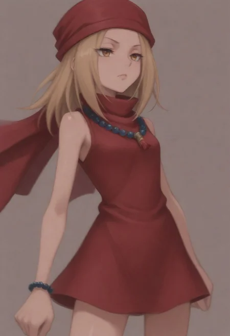 masterpiece, best quality, amazing quality,,, shiny skin,,,,,kojiann, short hair, blonde hair, brown eyes, short dress, sleeveless, bead necklace, red bandana, bracelet, <lora:Anna IXL 2-000013:1>