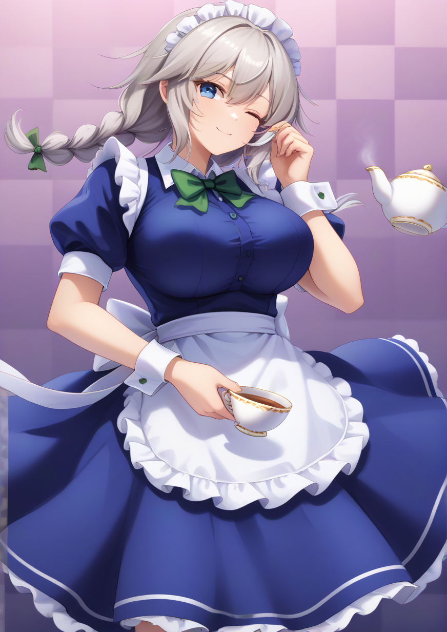 1girl, izayoi sakuya, huge breast, , apron, blue dress, blue eyes, bow, bowtie, braid, checkered background, closed mouth, cup, dress, green bow, green bowtie, green ribbon, grey hair, hair ribbon, maid, maid headdress, one eye closed, puffy sleeves, ribbon, short sleeves, smile, solo, tea set, teacup, teapot, twin braids, waist apron, handfixer <lora:HandFixer_pdxl_Incrs_v1:1> <lora:Zzo0:0.8>