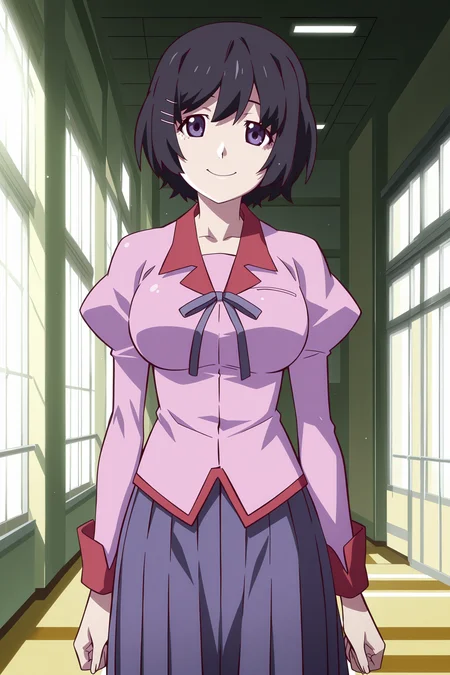 anime screencap, anime coloring, detailed face, masterpiece, best quality, very aesthetic, absurdres, volumetric lighting, official style, amazing quality, ultra detailed,  highres, amazing quality, scenery, beautiful detailed hair, beautiful detailed eyes, defined fingers
<lora:StS-Illustrious-Detail-Slider-v1.0:4>
<lora:Tsubasa_Hanekawa_and_Black_Hanekawa_Monogatari_Series_-_Illustrious_V2:1>
indoors,
Tsubasa pink uniform (outfit), 1girl, solo, naoetsu high school uniform, school uniform, hanekawa tsubasa, short hair, purple eyes, black hair, skirt, pink shirt, parody, smile, closed mouth, outdoors, long sleeves, cowboy shot, large breasts