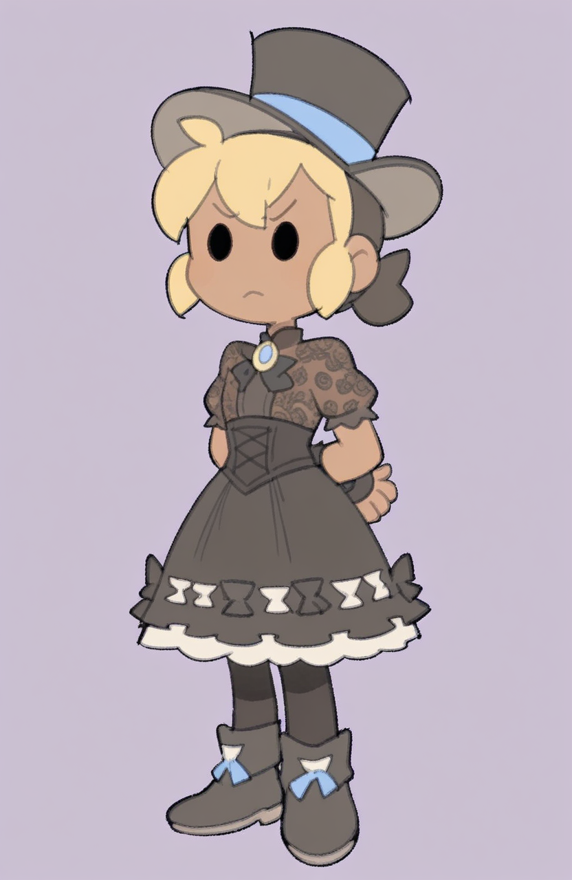 1girl, solo, <lora:TemmieChang:1> tmchng, standing, both hands behind back, composed stance, neutral face, simple background,
<lora:3in1_PPP-I-DW-to-be-A-MG_ILv1b:0.5> aik@, short gold hair with black undercut, dark-skinned female, two-tone hair, black hair, blonde hair, aristocrat fashion, high collar dress, corset, lace blouse, black pantyhose, ankle boots, top hat, brooch, chibi, temloaf,, extremely detailed, highres, masterpiece, best quality
