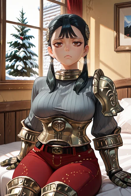 <lora:ChamIllustriousBackgroundEnhancer:0.5>, masterpiece, very aesthetic, absurdres, best quality, amazing quality, high resolution, newest, very awa, scenery, looking at viewer, <lora:spo_sdxl_10ep_4k-data_lora_Illustrious:0.8> <lora:StabilizerIllustrious:0.8> , masterpiece, beautifully drawn, elegantly detailed, <lora:AsheiIL:0.8> , AshDef, 1girl, black hair, twintails, hair over shoulder, brown eyes, bags under eyes, hair ornament, gorget, grey sweater, ribbed sweater, single pauldron, armored corset, silver corset, silver gauntlets, red pants, belt, silver greaves, face focus, frown, solo, interior, bedroom, winter, window, fancy room, sitting,
