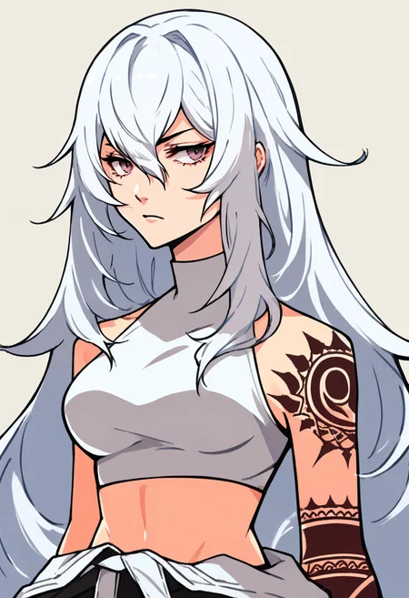 score_9, score_8_up, score_7_up, source_anime, 1girl, <lora:zs_GuernicaXL:1> guernicap5t, arm tattoos, crop top, medium breasts, midriff, clothes around waist, very long hair, white hair, <lora:zs_ZeroAzurePortraitsXL:1> zeroazureportraits, solo, upper body, simple background