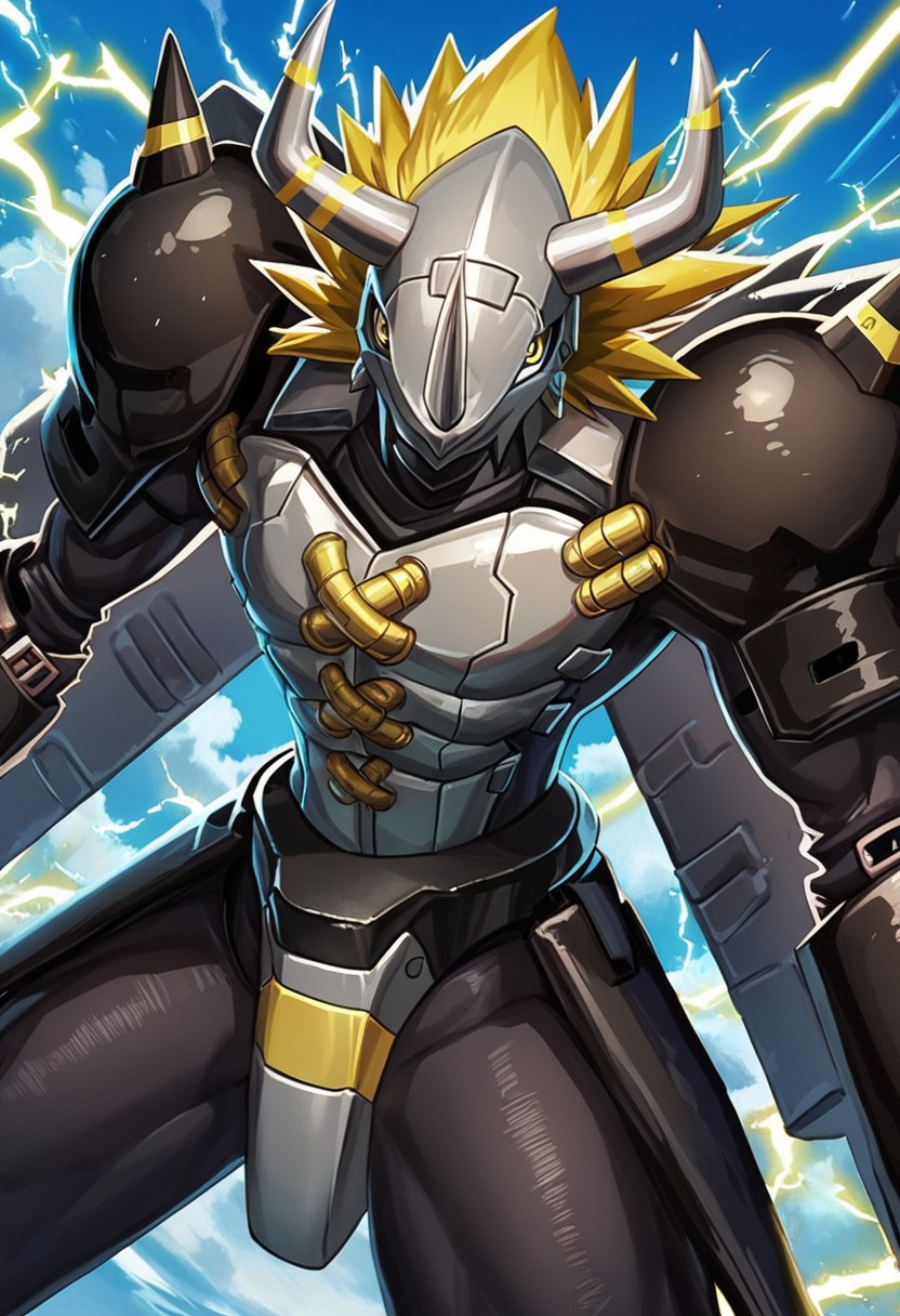 score_9, score_8_up, score_8,  BREAK, , zzBlckWrgrymn, solo, no humans, horns, armor, helmet, blonde hair, spikes, yellow eyes, 1boy, male focus, monster, (big claws), robot, shoulder pads, mask, full armor, standing, wings,   blue sky, electricity,   
(dynamic pose), 
BREAK,  cowboy shot, 
zPDXL,